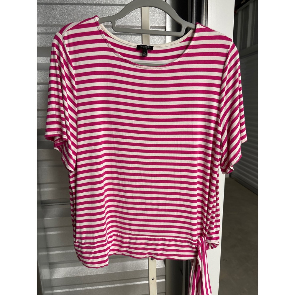 Talbots Petites Pink White Striped Side Tie Short Sleeve Top XLp Rayon Spandex